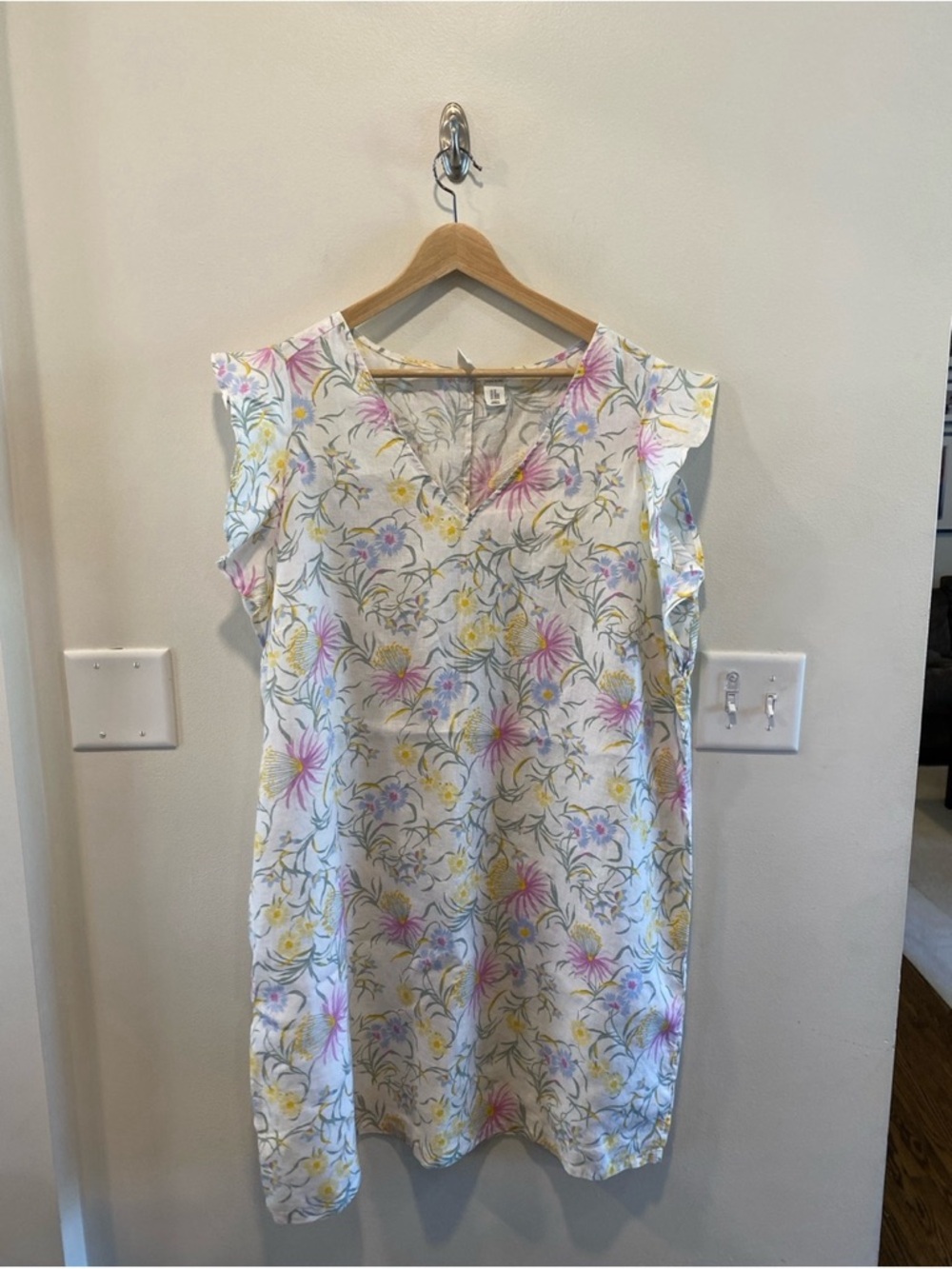 Floral V-Neck Sleeveless Dress in White with Pink & Yellow Flowers
